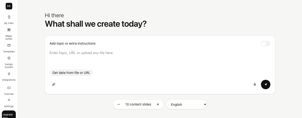 GetMagicSlides browser workspace with a prompt field and slide-count control